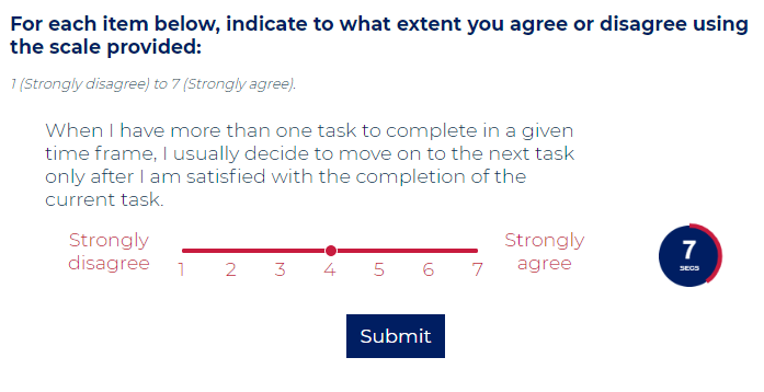 This image shows a slider that uses a 7-point likert scale asking learners to disagree or agree to a series of statements